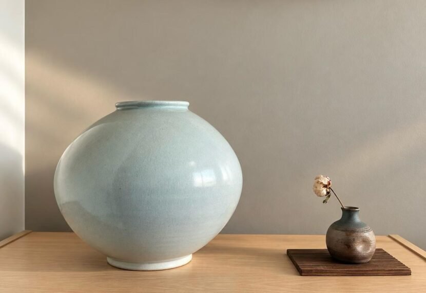 Korean white porcelain moon jar by Ahn Dong-oh, front view
