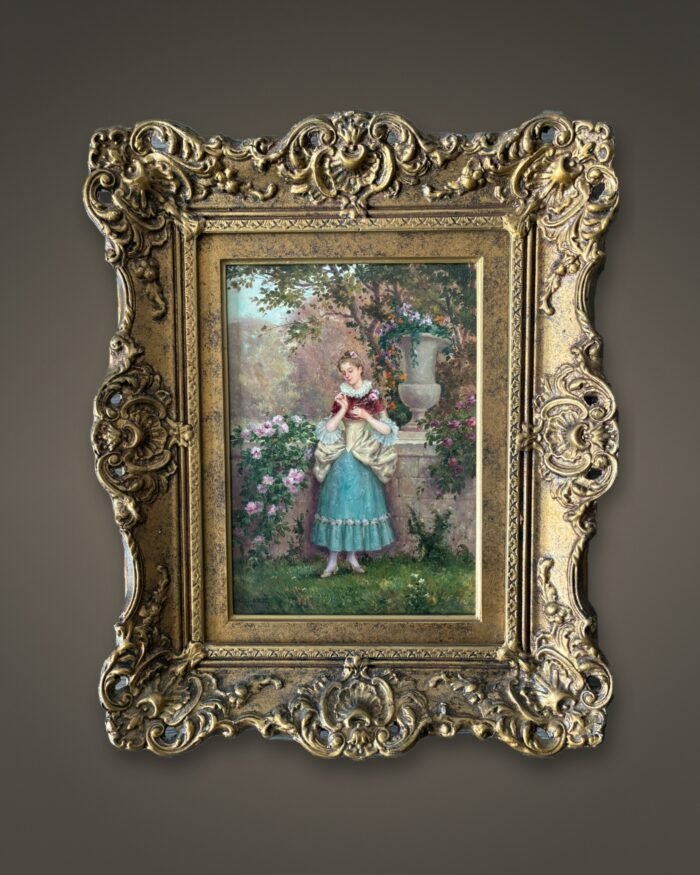 Émile Baré, Young Woman with Roses in a Garden, oil on panel, framed, front view