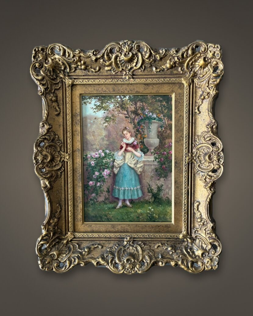 Émile Baré, Young Woman with Roses in a Garden, oil on panel, framed, front view